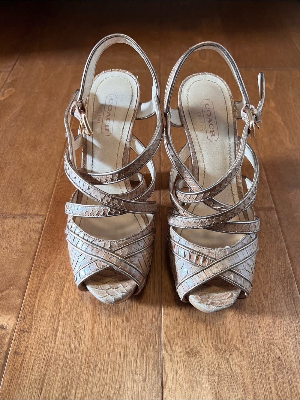 Coach Neutral Snake-Print Strappy Wedge Sandals